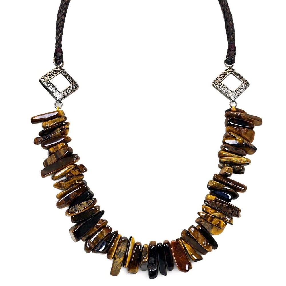 Natural Tiger's Eye Stone Statement Necklace Braided Cord Silver Tone Boho
